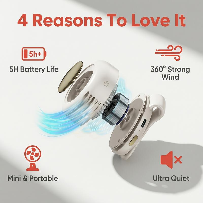 ❄️Mini Bladeless Clip Fan –5H Battery Life🔋Portable Rechargeable Silent Cooling Fan with 3 Speeds &amp; 360° Rotation-AUX